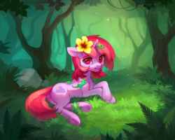 Size: 3600x2887 | Tagged: safe, artist:share dast, oc, oc only, oc:dawnfire, lizard, pony, unicorn, chest fluff, commission, ear fluff, female, flower, flower in hair, forest, grass, high res, horn, looking at you, lying down, mare, outdoors, prone, scenery, smiling, solo, tree, underhoof