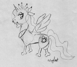 Size: 1200x1046 | Tagged: safe, artist:wingbeatpony, princess celestia, chicken, pony, g4, :t, bone, chicken leg, female, grayscale, horsedrawncarnage, legs, lidded eyes, looking at you, looking back, monochrome, mouth hold, smiling, solo, spread wings, traditional art, wat