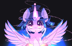 Size: 1190x770 | Tagged: safe, artist:kawaiipony2, twilight sparkle, alicorn, pony, g4, colored pupils, female, glowing horn, horn, magic, shoulder fluff, simple background, solo, spread wings, twilight sparkle (alicorn)