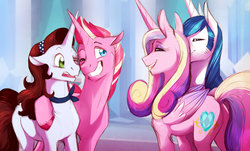 Size: 1024x618 | Tagged: safe, artist:vindhov, princess cadance, shining armor, oc, oc:riposte, oc:scarlet, alicorn, pony, unicorn, g4, butt, crystal empire, lovebutt, offspring, one eye closed, open mouth, parent:donut joe, parent:princess cadance, parent:rarity, parent:shining armor, parents:rarijoe, parents:shiningcadance, plot, story in the source, wink