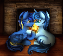 Size: 2918x2614 | Tagged: safe, artist:pridark, oc, oc only, oc:noteworthy, oc:rattamacue, alicorn, pony, unicorn, alicorn oc, commission, fireplace, gay, high res, looking at each other, male, oc x oc, prone, shipping, smiling, stallion