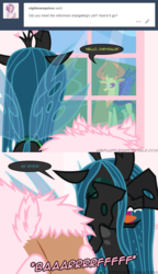 Size: 650x1125 | Tagged: safe, artist:mixermike622, queen chrysalis, thorax, oc, oc:fluffle puff, changedling, changeling, tumblr:ask fluffle puff, g4, to where and back again, ask, barf bag, changeling drama, comic, debate in the comments, drama, king thorax, my eyes, take that, tumblr