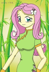 Size: 1804x2629 | Tagged: safe, artist:bakumaru01, fluttershy, equestria girls, g4, bamboo, cheongsam, clothes, female, looking at you, solo