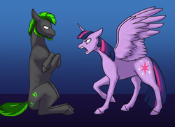Size: 1000x727 | Tagged: safe, artist:foxenawolf, twilight sparkle, oc, oc:long path, alicorn, earth pony, pony, fanfic:quantum gallop, g4, angry, black fur, duo, fanfic art, female, gradient background, male, mare, open mouth, purple fur, spread wings, stallion, twilight sparkle (alicorn), unshorn fetlocks, wings, yelling