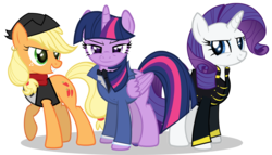Size: 1838x1048 | Tagged: safe, artist:dinight, applejack, rarity, twilight sparkle, alicorn, pony, the count of monte rainbow, g4, clothes, crossover, danglajacks, freckles, looking at you, monsparkle, rarifort, simple background, the count of monte cristo, transparent background, twilight sparkle (alicorn), vector