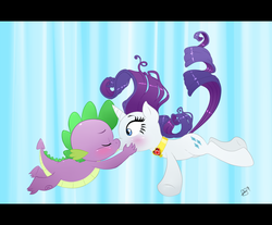 Size: 800x661 | Tagged: safe, artist:pia-sama, rarity, spike, dragon, pony, unicorn, g4, secret of my excess, blushing, duo, eyes closed, falling, fire ruby, jewelry, kiss on the lips, kissing, male, necklace, scene interpretation, ship:sparity, shipping, straight, underhoof