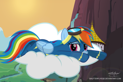 Size: 2909x1944 | Tagged: safe, artist:shutterflyeqd, rainbow dash, pony, g4, clothes, cloud, cute, dashabetes, female, goggles, scenery, solo, uniform, wonderbolts uniform