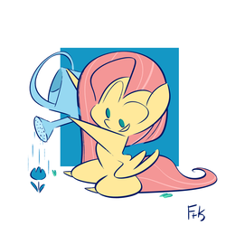 Size: 1280x1280 | Tagged: safe, artist:fluttershythekind, fluttershy, pony, g4, female, flower, looking at something, looking down, simple background, sitting, solo, watering, watering can