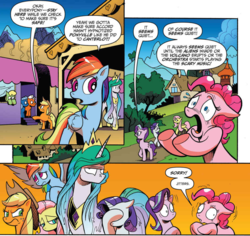 Size: 948x894 | Tagged: safe, artist:andypriceart, idw, applejack, fluttershy, pinkie pie, princess celestia, rainbow dash, rarity, starlight glimmer, pony, chaos theory (arc), g4, spoiler:comic, spoiler:comic50, accord (arc), conclusion: and chaos into the order came