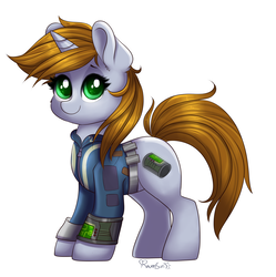 Size: 1920x1930 | Tagged: safe, artist:confetticakez, oc, oc only, oc:littlepip, pony, unicorn, fallout equestria, clothes, cute, cutie mark, fanfic, fanfic art, female, hooves, horn, jumpsuit, looking at you, mare, ocbetes, pipbuck, simple background, smiling, solo, vault suit, white background