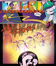 Size: 953x1120 | Tagged: safe, artist:andypriceart, idw, applejack, fluttershy, pinkie pie, princess celestia, rainbow dash, rarity, starlight glimmer, pony, chaos theory (arc), g4, spoiler:comic, spoiler:comic50, accord (arc), conclusion: and chaos into the order came, elements of harmony