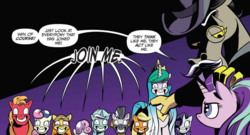 Size: 1105x596 | Tagged: safe, artist:andypriceart, idw, accord, applejack, big macintosh, bon bon, discord, lyra heartstrings, princess celestia, rarity, starlight glimmer, sweetie belle, sweetie drops, wheat grass, zecora, pony, zebra, chaos theory (arc), g4, spoiler:comic, spoiler:comic50, accord (arc), conclusion: and chaos into the order came, hive mind, male