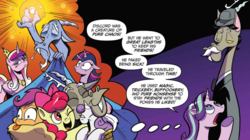 Size: 1036x580 | Tagged: safe, artist:andypriceart, idw, accord, apple bloom, discord, princess cadance, scootaloo, starlight glimmer, sweetie belle, twilight sparkle, alicorn, pony, chaos theory (arc), g4, three's a crowd, spoiler:comic, spoiler:comic50, accord (arc), conclusion: and chaos into the order came, continuity, cutie mark crusaders, sisters-in-law, twilight sparkle (alicorn)