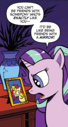 Size: 337x622 | Tagged: safe, artist:andypriceart, idw, starlight glimmer, sunset shimmer, pony, unicorn, chaos theory (arc), g4, spoiler:comic, spoiler:comic50, >:), accord (arc), andy you magnificent bastard, conclusion: and chaos into the order came, counterparts, debate in the comments, evil grin, irony, meta, smiling, smirk, speech bubble, sunset vs starlight debate, twilight's counterparts