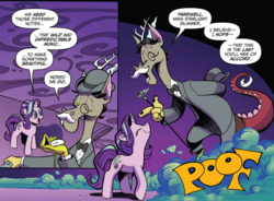 Size: 1083x797 | Tagged: safe, artist:andypriceart, idw, accord, discord, starlight glimmer, draconequus, pony, unicorn, chaos theory (arc), g4, spoiler:comic, spoiler:comic50, accord (arc), conclusion: and chaos into the order came