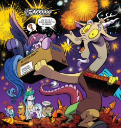 Size: 949x1000 | Tagged: safe, artist:andypriceart, idw, applejack, discord, doctor whooves, princess celestia, princess luna, rainbow dash, time turner, twilight sparkle, alicorn, pony, chaos theory (arc), g4, spoiler:comic, spoiler:comic50, accord (arc), andy you magnificent bastard, blinking, box, conclusion: and chaos into the order came, fireworks, food, futurama, male, pizza, pony in a box, twilight sparkle (alicorn)