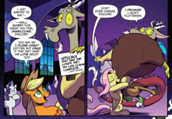 Size: 1017x704 | Tagged: safe, artist:andy price, idw, applejack, discord, fluttershy, rarity, pony, chaos theory (arc), g4, spoiler:comic, spoiler:comic50, accord (arc), conclusion: and chaos into the order came, hug