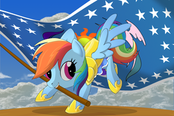 Size: 1620x1080 | Tagged: safe, artist:hydrusbeta, rainbow dash, pony, g4, armor, cute, female, flag, solo