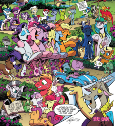 Size: 837x923 | Tagged: safe, artist:andy price, idw, angel bunny, apple bloom, applejack, big macintosh, bittersweet (g4), cranky doodle ryan, discord, dj pon-3, fluttershy, gummy, king sombra, leadwing, mayor mare, observer (g4), octavia melody, opalescence, owlowiscious, philomena, pinkie pie, princess cadance, princess celestia, princess flurry heart, princess luna, queen chrysalis, rainbow dash, rarity, scootaloo, shining armor, spike, starlight glimmer, sweetie belle, tank, tiberius, twilight sparkle, vinyl scratch, winona, zecora, oc, oc:angie, alicorn, dragon, phoenix, pony, zebra, chaos theory (arc), g4, spoiler:comic, spoiler:comic50, accord (arc), andy price, conclusion: and chaos into the order came, cutie mark crusaders, dancing, fourth wall, heather breckel, katie cook, male, mane six, twilight sparkle (alicorn), wall of tags