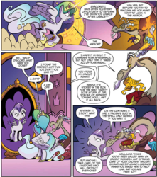 Size: 953x1080 | Tagged: safe, artist:jay fosgitt, idw, discord, princess celestia, alicorn, draconequus, pegasus, pony, for the pony who has everything, g4, spoiler:comic, spoiler:comic50, mirror, transformation