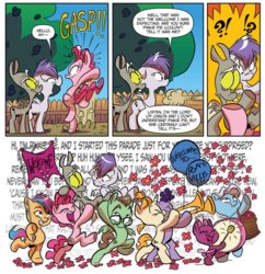 Size: 919x949 | Tagged: safe, artist:jay fosgitt, idw, discord, pinkie pie, princess celestia, earth pony, pegasus, pony, unicorn, for the pony who has everything, g4, spoiler:comic, spoiler:comic50, balloon, drums, glasses, musical instrument, party, pony discord, trumpet