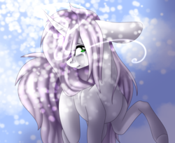 Size: 2700x2200 | Tagged: safe, artist:immagoddampony, oc, oc only, pony, unicorn, curved horn, female, high res, horn, mare, raised hoof, snow, solo