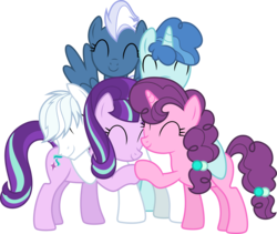 Size: 3562x3000 | Tagged: safe, artist:chainchomp2, double diamond, night glider, party favor, starlight glimmer, sugar belle, earth pony, pegasus, pony, unicorn, g4, the cutie re-mark, .svg available, ^^, equal four, eyes closed, female, high res, hug, male, mare, simple background, stallion, transparent background, vector