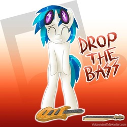 Size: 960x960 | Tagged: safe, artist:marble-soda, dj pon-3, vinyl scratch, pony, unicorn, g4, ^^, abstract background, bass guitar, bipedal, broken, drop the bass, eyes closed, female, grin, guitar, musical instrument, pun, smiling, solo, sunglasses, visual pun
