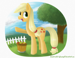 Size: 3300x2550 | Tagged: safe, artist:marble-soda, applejack, earth pony, pony, g4, apple, female, food, high res, missing accessory, sky, solo, tree