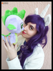 Size: 3456x4608 | Tagged: safe, artist:krazykari, rarity, spike, dragon, human, g4, build-a-bear, clothes, cosplay, costume, high res, irl, irl human, photo, plushie, pony ears