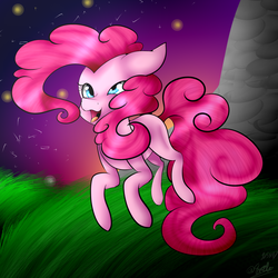 Size: 2200x2200 | Tagged: safe, artist:eclispeluna, pinkie pie, earth pony, pony, g4, derp, female, grass, high res, jumping, solo