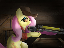 Size: 1200x900 | Tagged: safe, artist:hardbrony, fluttershy, pegasus, pony, g4, clothes, crossover, cutie mark, female, glasses, gun, hat, hooves, looking at you, mare, optical sight, rifle, sniper, sniper (tf2), sniper rifle, snipershy, solo, sunglasses, team fortress 2, weapon, wings