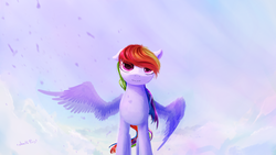 Size: 3500x1968 | Tagged: safe, artist:1deathpony1, rainbow dash, pegasus, pony, g4, cloud, colored pupils, female, floppy ears, fluffy, looking at you, solo, spread wings, wavy mouth, wing fluff
