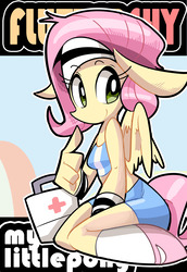 Size: 2031x2952 | Tagged: safe, artist:asprin white rabbit, fluttershy, pegasus, anthro, g4, abstract background, anatomically incorrect, armband, big ears, clothes, cute, female, first aid kit, floppy ears, headband, high res, incorrect leg anatomy, kneeling, looking at you, midriff, pixiv, shoes, short hair, shorts, shyabetes, smiling, socks, solo, tank top