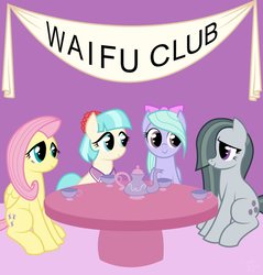Size: 873x915 | Tagged: safe, artist:jonerico, coco pommel, flitter, fluttershy, marble pie, earth pony, pegasus, pony, g4, banner, looking at each other, sitting, smiling, table, tea party, teacup, teapot, the council of shy ponies, waifu