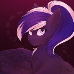 Size: 900x900 | Tagged: safe, artist:nightskrill, oc, oc only, pegasus, pony, commission, ear fluff, female, looking at you, mare, multicolored hair, ponytail, simple background, solo, spread wings