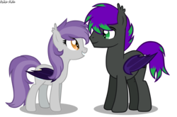 Size: 4697x3093 | Tagged: safe, artist:asika-aida, oc, oc only, oc:midnight player, oc:nighty dream, bat pony, pony, art trade, couple, cute, female, high res, looking at each other, male, mare, oc x oc, shipping, simple background, smiling, stallion, straight, transparent background