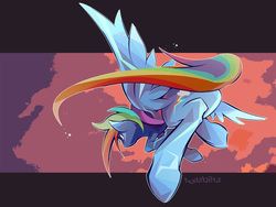 Size: 1600x1202 | Tagged: safe, artist:tyuubatu, rainbow dash, pony, g4, female, flying, rear view, serious, serious face, signature, solo, spread wings, underhoof