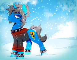Size: 3852x3000 | Tagged: safe, artist:sorasku, oc, oc only, pony, unicorn, choker, clothes, colored pupils, high res, male, snow, solo, spiked choker, spiked wristband, stallion