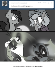 Size: 666x872 | Tagged: safe, artist:egophiliac, nightmare moon, princess luna, oc, oc:exuvia, oc:sunshine smiles (egophiliac), bat pony, changeling, changeling queen, pony, moonstuck, g4, cartographer's cap, changeling queen oc, dark woona, eyepatch, female, filly, hat, lunar stone, magic, marauder's mantle, monochrome, nightmare woon, partial color, woona, younger