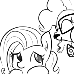 Size: 802x799 | Tagged: safe, artist:tjpones, fluttershy, pinkie pie, earth pony, pegasus, pony, g4, cheering up, eyes closed, fake moustache, fweeee, glasses, grayscale, hat, monochrome, noisemaker, party hat, simple background, sketch, white background