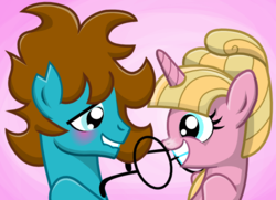 Size: 600x435 | Tagged: safe, artist:smokeymcdaniel, oc, oc only, pony, blushing, duo, female, glasses, male, mare, stallion