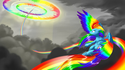 Size: 3840x2160 | Tagged: safe, artist:dstears, rainbow dash, pony, g4, badass, cloud, colored wings, electricity, epic, female, flying, high res, large wings, multicolored wings, rainbow power, rainbow wings, solo, sonic rainboom, storm, wings