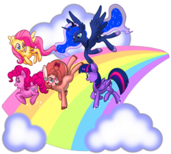 Size: 1571x1411 | Tagged: safe, artist:donkeyinthemiddle, fluttershy, pinkie pie, princess luna, twilight sparkle, oc, alicorn, earth pony, pegasus, pony, g4, rainbow, simple background, transparent background, twilight sparkle (alicorn)