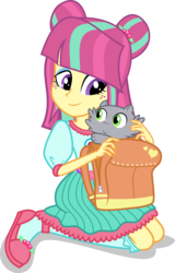 Size: 5759x9000 | Tagged: safe, artist:limedazzle, sour sweet, cat, equestria girls, g4, absurd resolution, alternate hairstyle, alternate universe, backpack, clothes, cute, freckles, kneeling, kneesocks, shirt, shoes, show accurate, simple background, skirt, socks, transparent background, vector