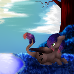 Size: 1000x1000 | Tagged: safe, artist:twinkepaint, oc, oc only, oc:evening howler, pegasus, pony, female, mare, prone, river, solo, tree