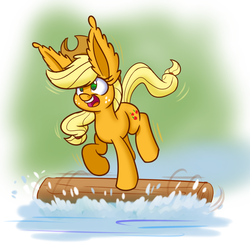 Size: 1280x1280 | Tagged: safe, artist:heir-of-rick, applejack, earth pony, pony, daily apple pony, g4, female, impossibly large ears, log, open mouth, smiling, solo, water