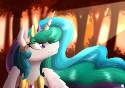 Size: 7234x5116 | Tagged: safe, artist:simonk0, princess celestia, pony, g4, absurd resolution, autumn, crepuscular rays, female, forest, smiling, solo