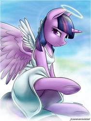 Size: 960x1280 | Tagged: safe, artist:jcosneverexisted, twilight sparkle, alicorn, angel, pony, g4, clothes, commission, double wings, dress, female, halo, looking at you, multiple wings, smiling, solo, twilight sparkle (alicorn), underhoof