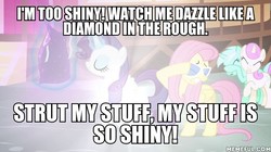 Size: 600x337 | Tagged: safe, edit, edited screencap, screencap, fluttershy, lyra heartstrings, rarity, twinkleshine, g4, it ain't easy being breezies, disney, image macro, meme, memeful.com, moana, shiny (song), song reference, tamatoa